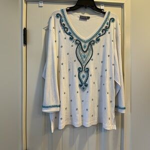 FASHQUE, 2X, Embellished with blue stones, Off White V neck long sleeve blouse